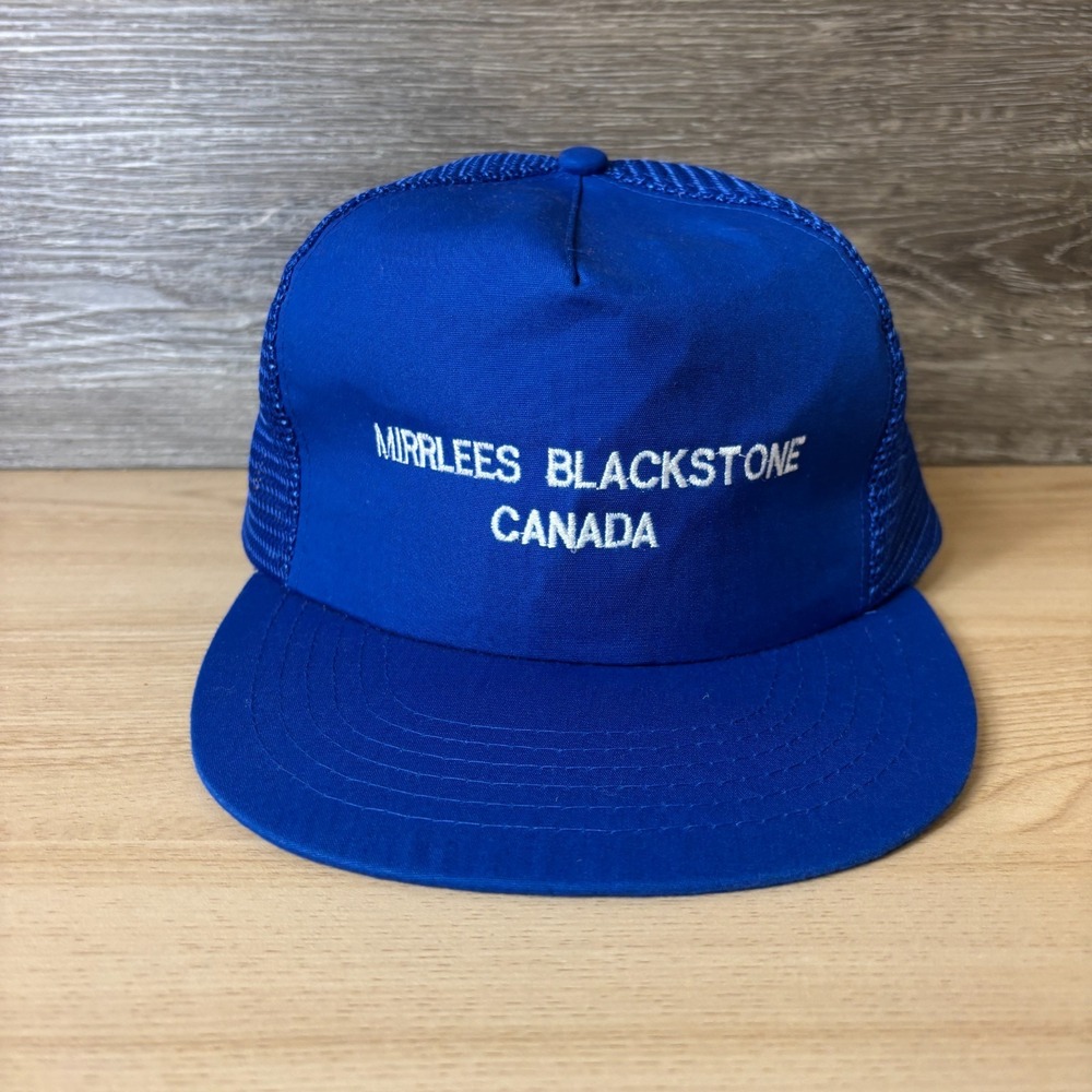 VINTAGE Mirrlees Blackstone Hat Cap Snap Back Blue Mesh Trucker Canada